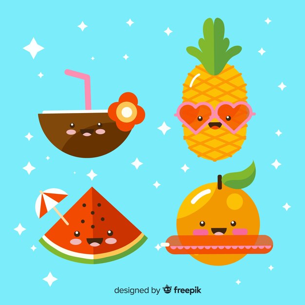 Set de personajes veraniegos en estilo kawaii