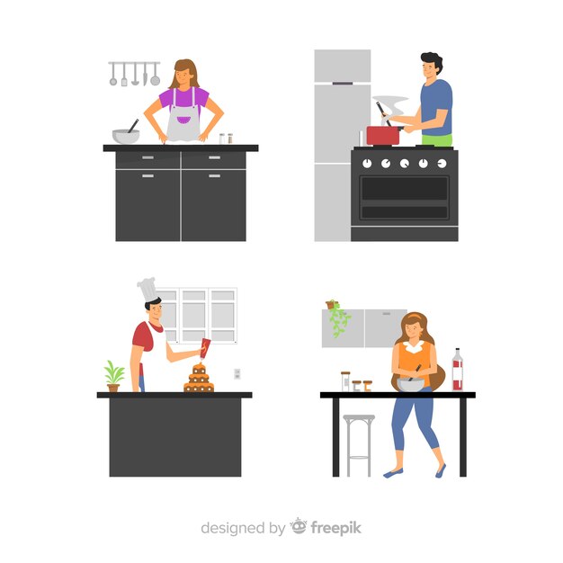 Set de personas cocinando en la cocina