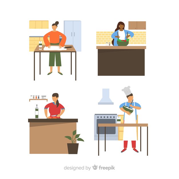 Set de personas cocinando en la cocina