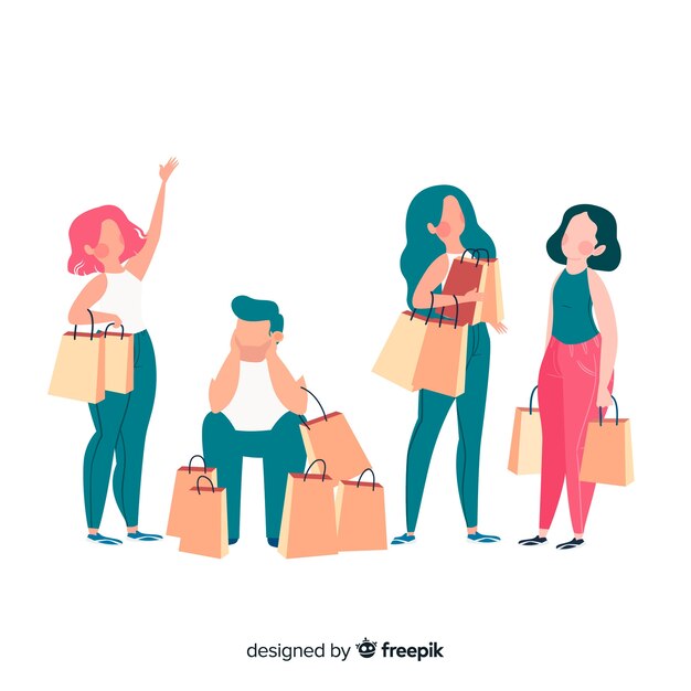 Set de personas llevando bolsas de la compra