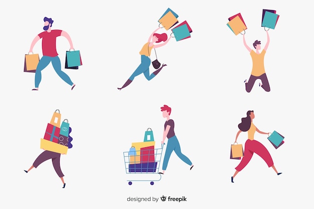 Vector gratuito set de personas llevando bolsas de la compra