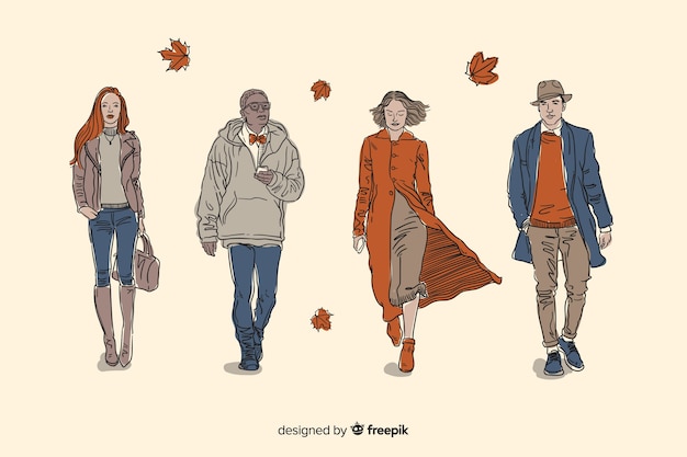 Set de personas paseando en otoño