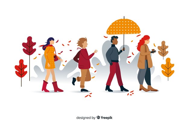 Set de personas paseando en otoño