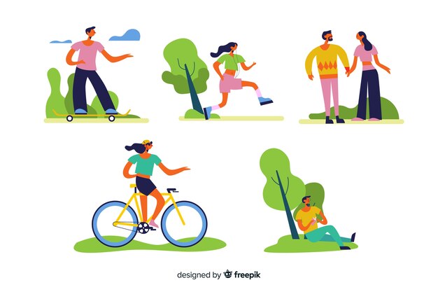 Set de personas realizando actividades al aire libre