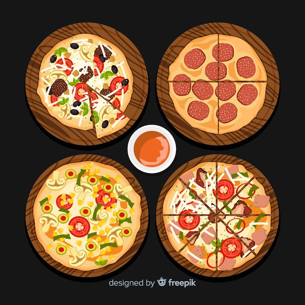 Set pizzas deliciosas dibujadas a mano