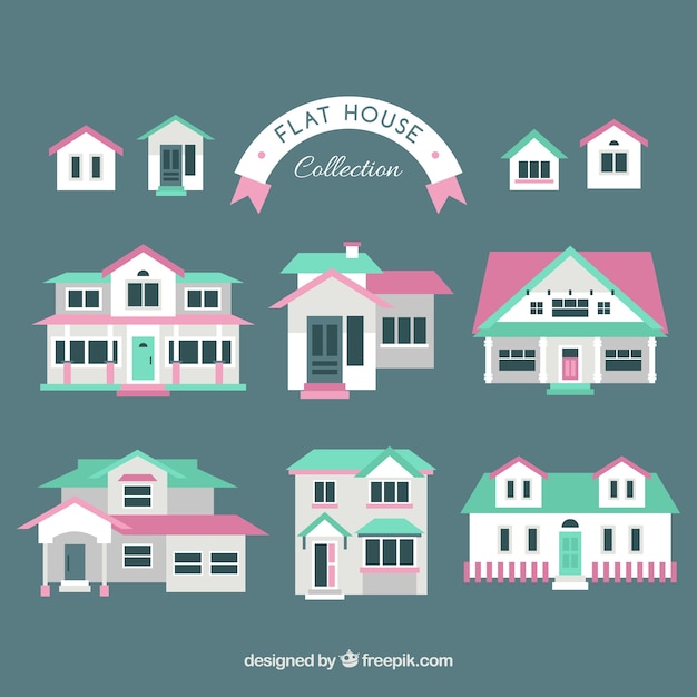 Vector gratuito set plano de casas fantásticas en colores pastel