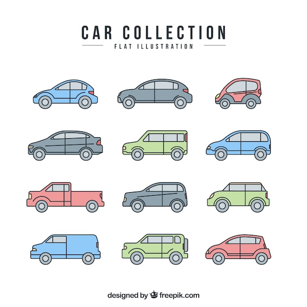 Vector gratuito set plano de coches decorativos con diferentes diseños