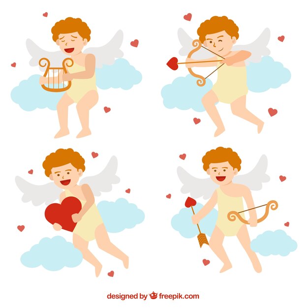 Set plano de personaje de cupido fantástico con diferentes objetos
