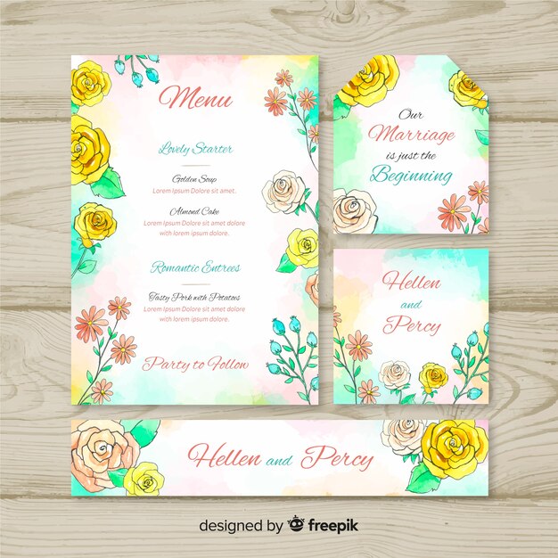 Vector gratuito set de plantillas de material de papelería de boda en acuarela