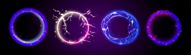 Set de portal de energía mágica aislado en fondo negro Vector ilustración realista de círculos amarillos y azules con partículas brillantes diseño futurista efecto de rayo teleporte fantástico