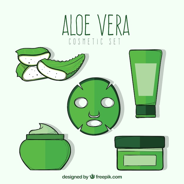 Set de productos de aloe vera dibujados a mano 