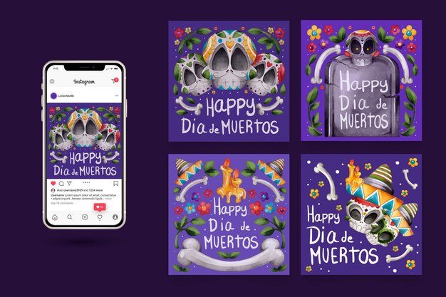 Vector gratuito set de publicaciones de instagram de día de muertos