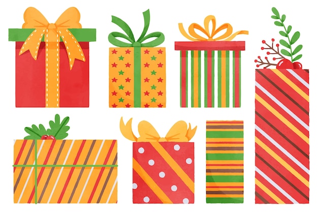 Vector gratuito set de regalo de navidad en acuarela