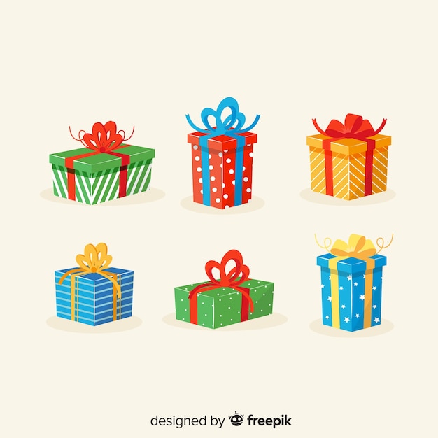 Vector gratuito set de regalo de navidad en diseño plano