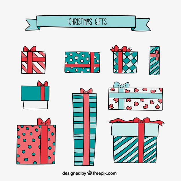 Set de regalos de navidad dibujados a mano 