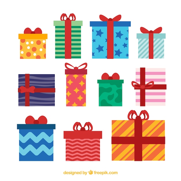 Vector gratuito set de regalos de navidad en diseño plano