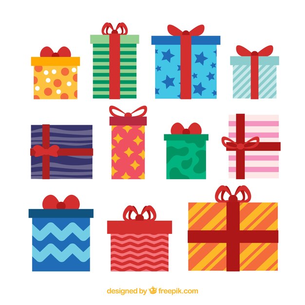 Set de regalos de navidad en diseño plano 