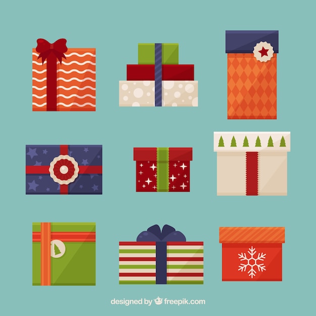 Set de regalos de navidad en diseño plano 