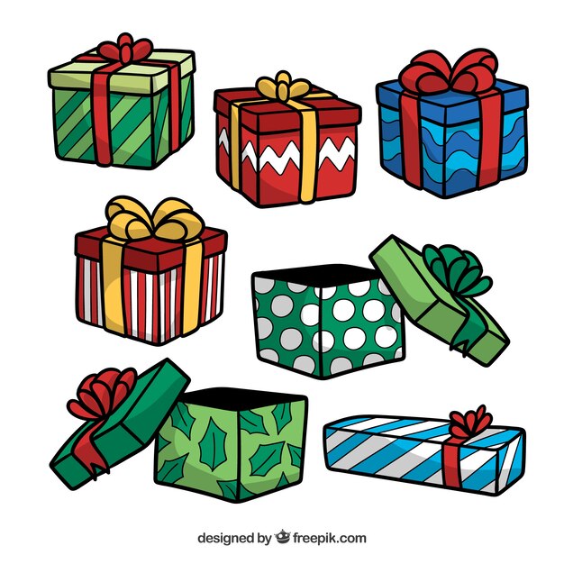 Set de regalos navideños dibujados a mano 
