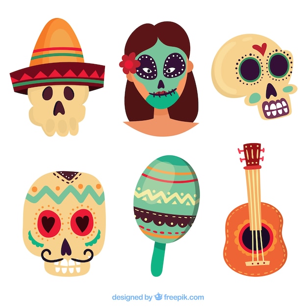 Vector gratuito set de seis elementos de celebración del día de muertos