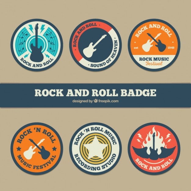 Vector gratuito set de seis insignias redondas de rock and roll