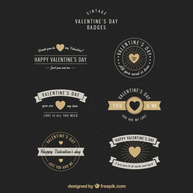 Set de seis insignias vintage para el día de san valentín