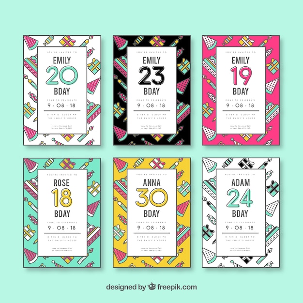 Vector gratuito set de seis invitaciones de cumpleaños en diseño plano