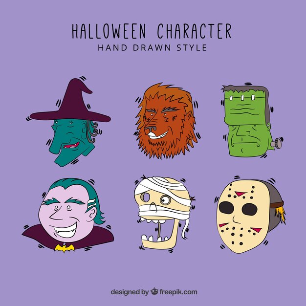 Set de seis personajes de halloween dibujados a mano