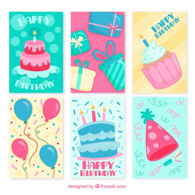 Set de seis tarjetas de cumpleaños dibujadas a mano