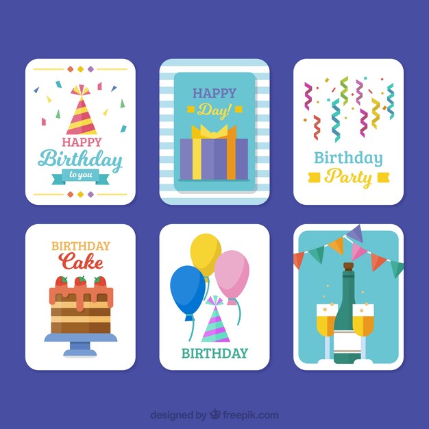 Set de seis tarjetas de cumpleaños en diseño plano 