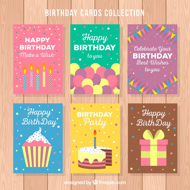 Set de seis tarjetas de cumpleaños vintage con elementos 