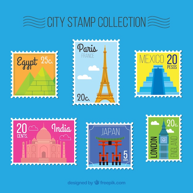 Vector gratuito set de sellos de ciudad en estilo plano