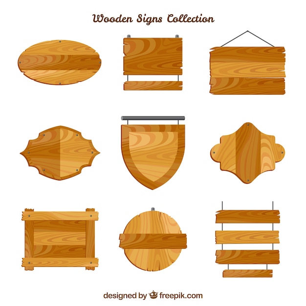 Vector gratuito set de señales de madera en diseño plano