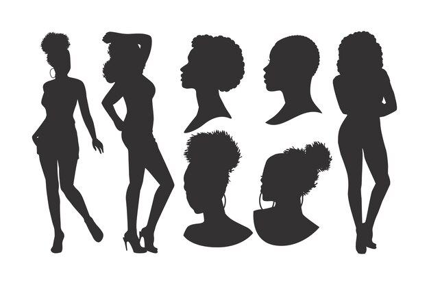 Set de siluetas de mujeres negras dibujadas a mano