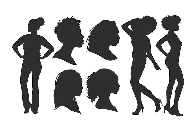 Set de siluetas de mujeres negras dibujadas a mano