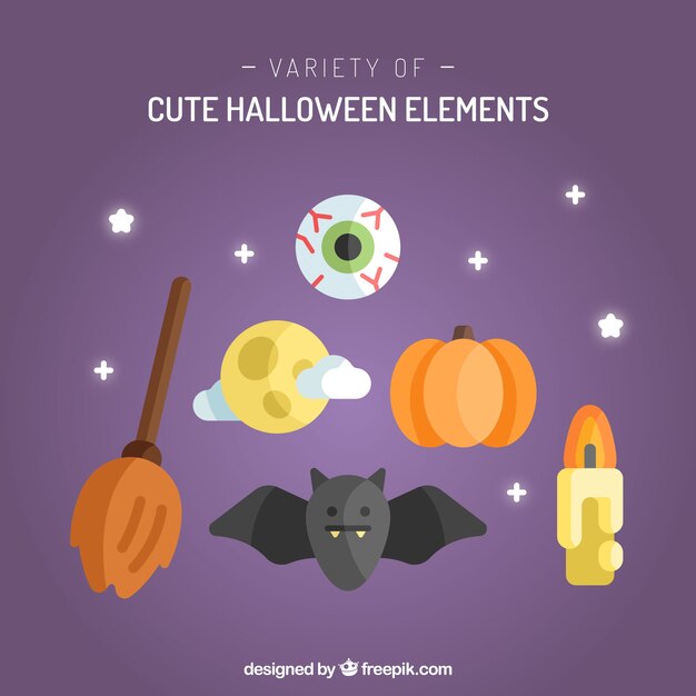 Set de simpático murciélago con elementos de halloween en diseño plano 
