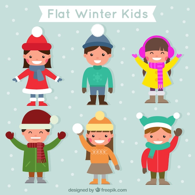 Set de simpáticos niños con bonita ropa de invierno en diseño plano