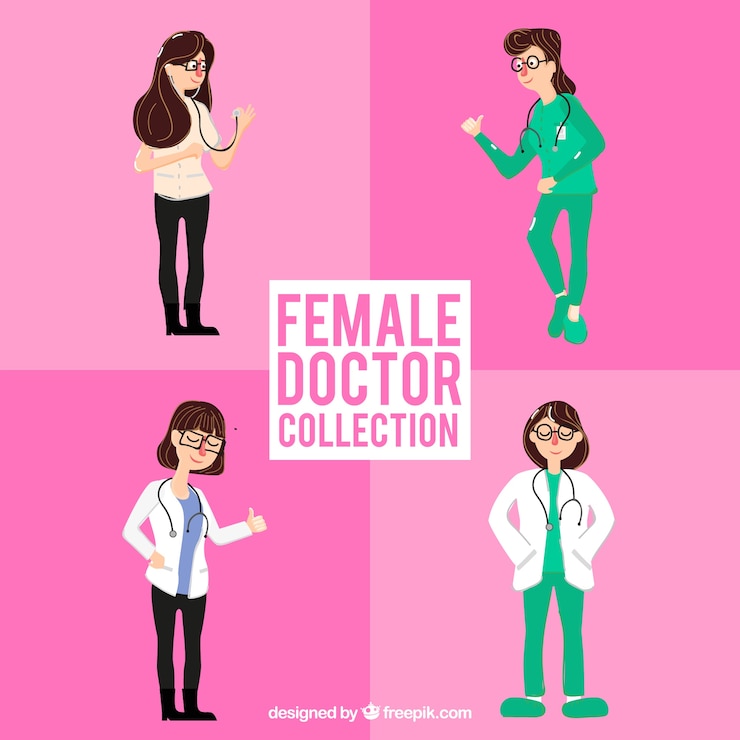 Vector gratuito set de simpáticos personajes femeninos médicos dibujados a mano