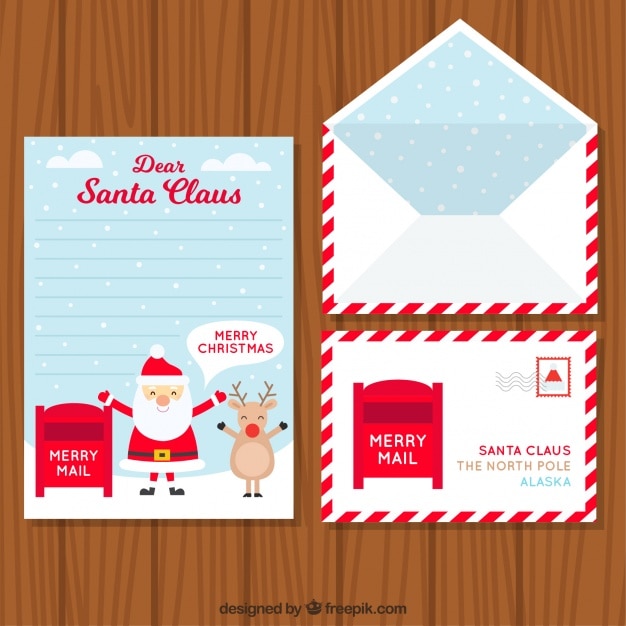 Vector gratuito set de sobre con postal y carta para santa claus