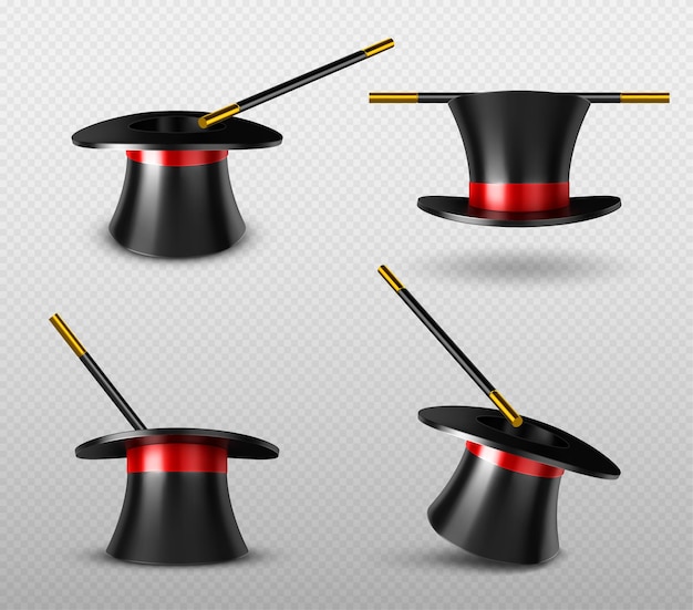 Vector gratuito set de sombrero de mago y varita mágica