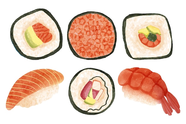 Vector gratuito set de sushi delicioso acuarela