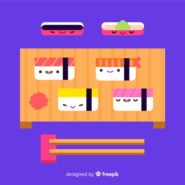 Set de sushi en estilo kawaii