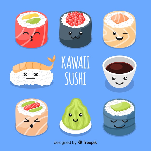 Vector gratuito set de sushi en estilo kawaii