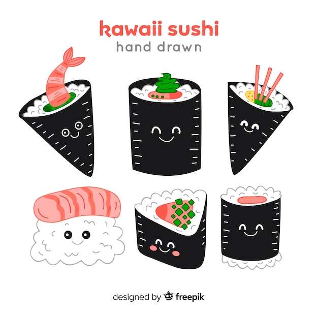 Vector gratuito set de sushi en estilo kawaii