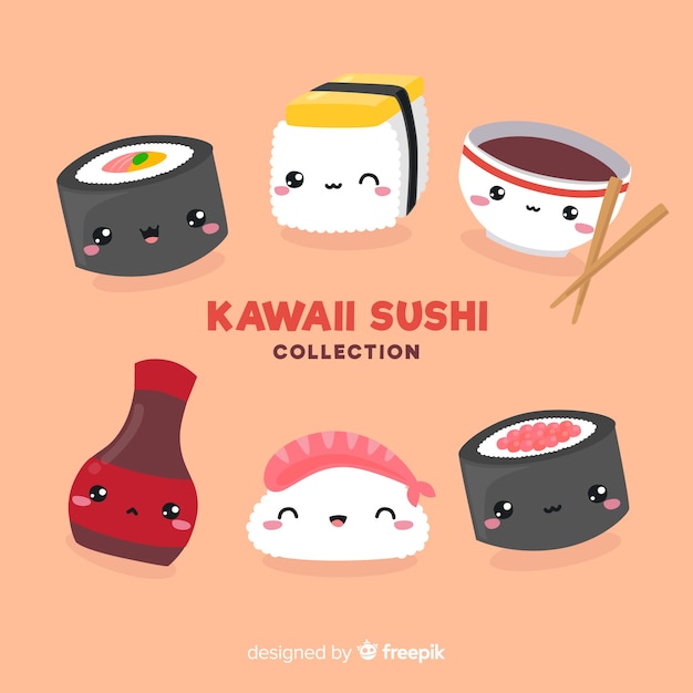 Vector gratuito set de sushi en estilo kawaii