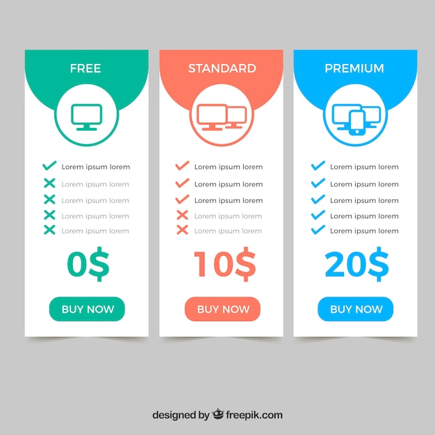 Vector gratuito set de tabla de precios