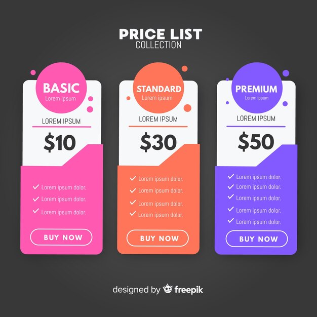 Set de tablas de precios