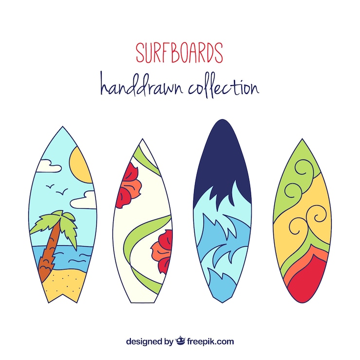 Vector gratuito set de tablas de surf dibujadas a mano