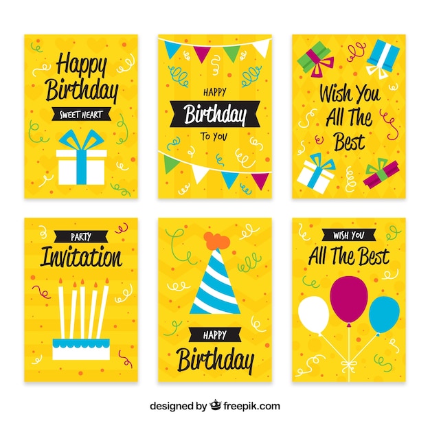 Vector gratuito set de tarjetas amarillas de cumpleaños