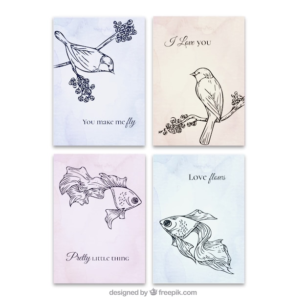 Vector gratuito set de tarjetas de amor de animales dibujadas a mano